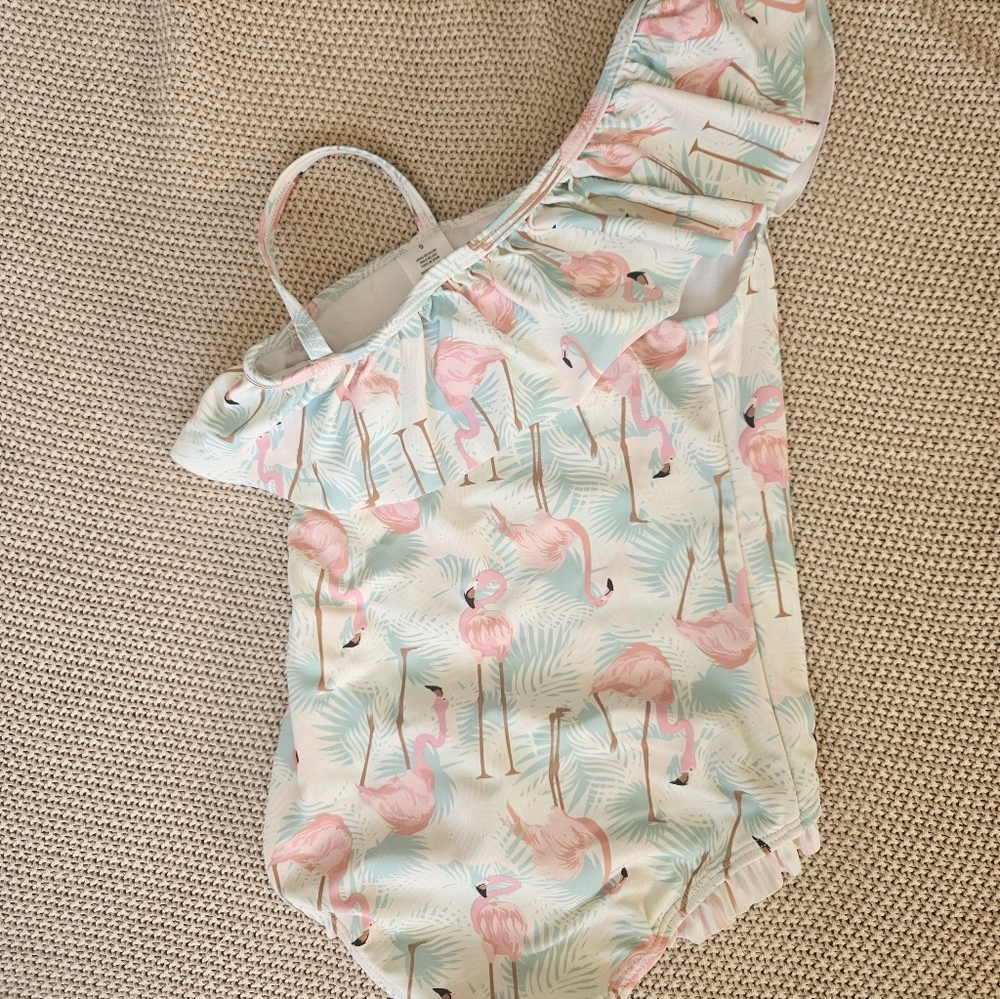 Ruffle Butts Flamingo Print One Piece - Pink and Blue
